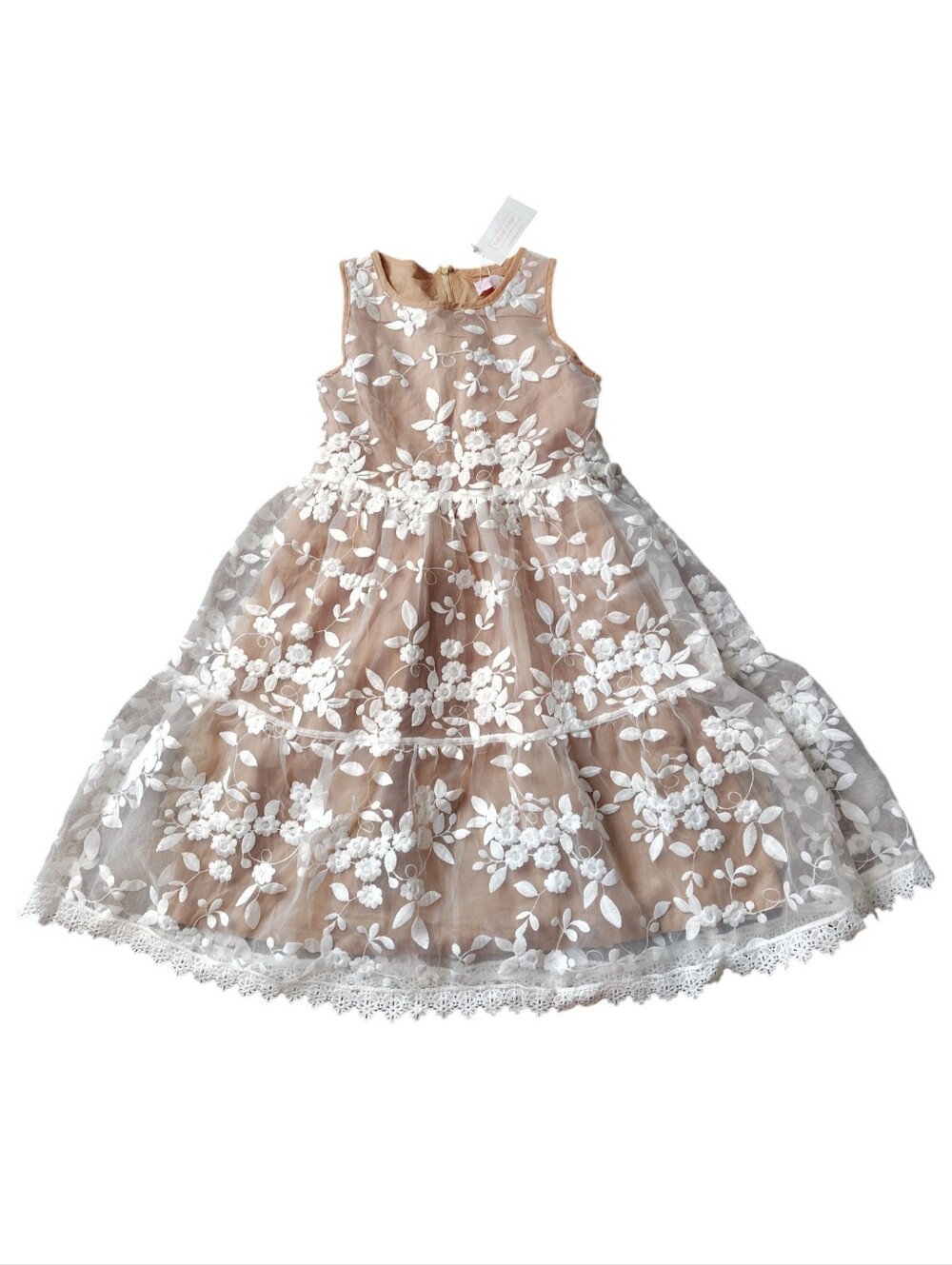 Think Pink Bows Girls Floral Lace Party Flower Girl Dress in Tan and White